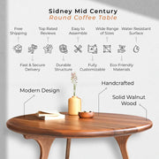 Key features image of the Sidney Solid Wood Mid-Century Round Coffee Table, showcasing its durable walnut wood, rounded edges, sturdy mid-century legs, and spacious tabletop with a water-resistant finish.