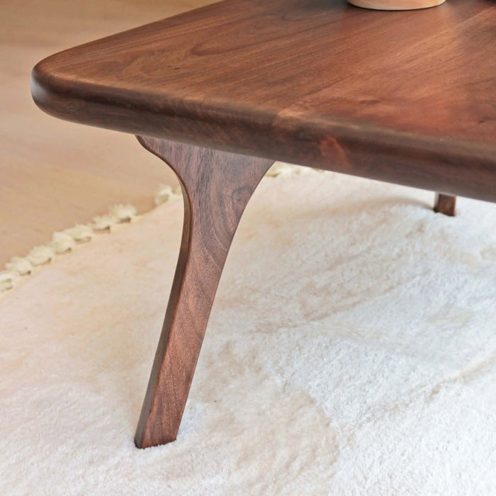 Close-up detail of one leg of the Sidney Square Coffee Table, emphasizing the quality craftsmanship and rich grain of the solid walnut wood.