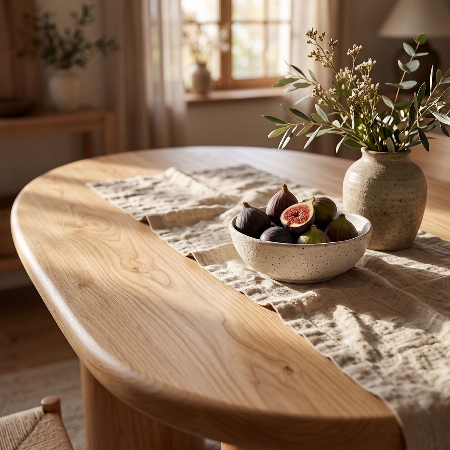 Solen Oval Solid Beech Dining Table – Sculptural Double Pedestal Modern Design