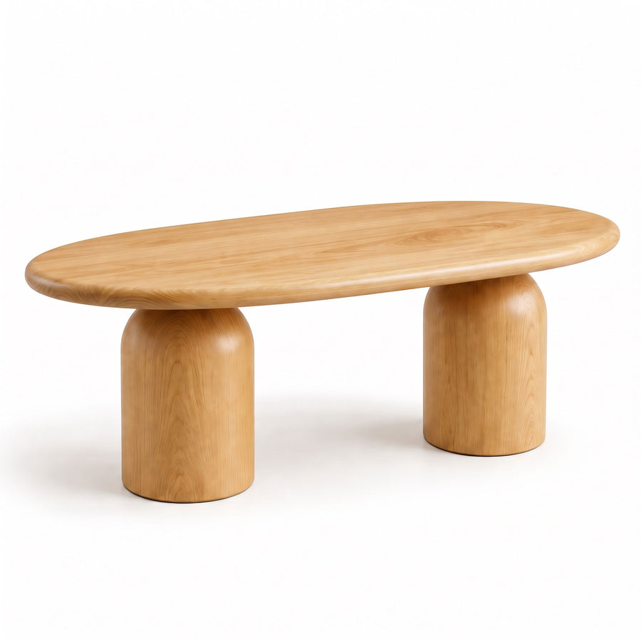 Solen Oval Coffee Table – Beech Wood Modern Sculptural Design with two thick, chunky cylindrical legs.