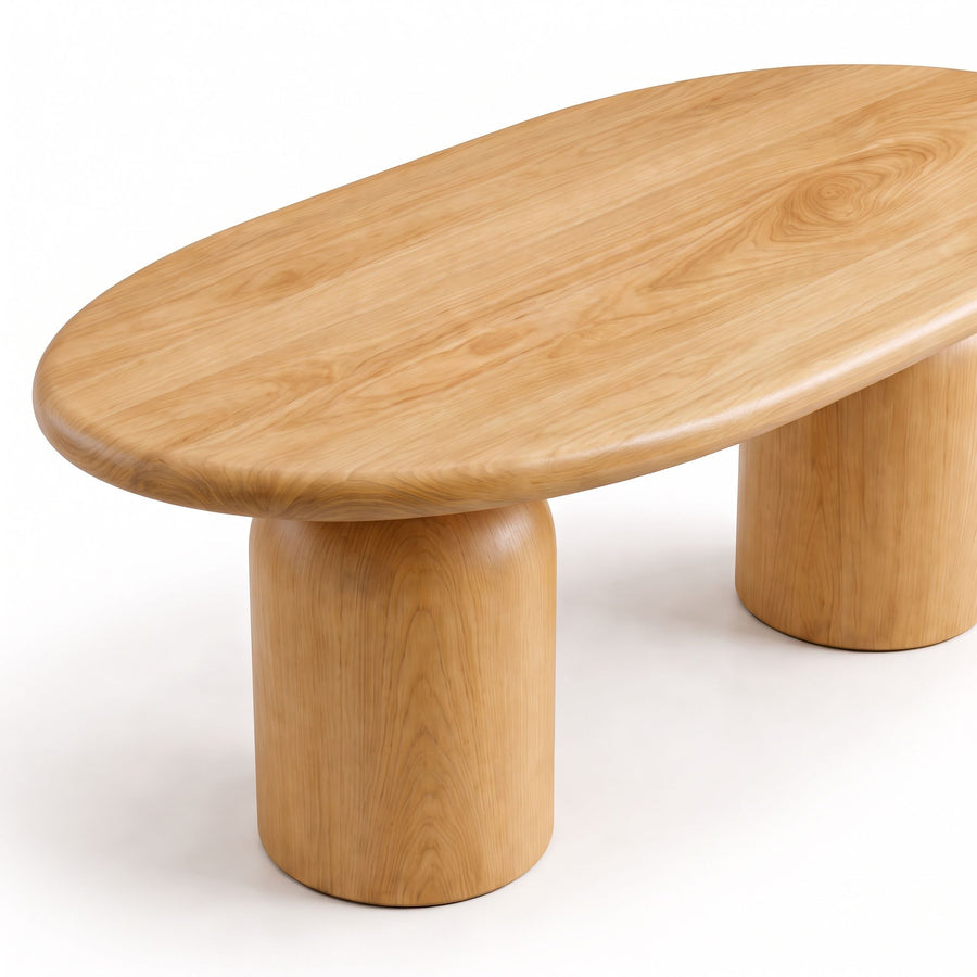 High-angle close-up view of the Solen Oval Coffee Table – Beech Wood Modern Sculptural Design in a natural finish.