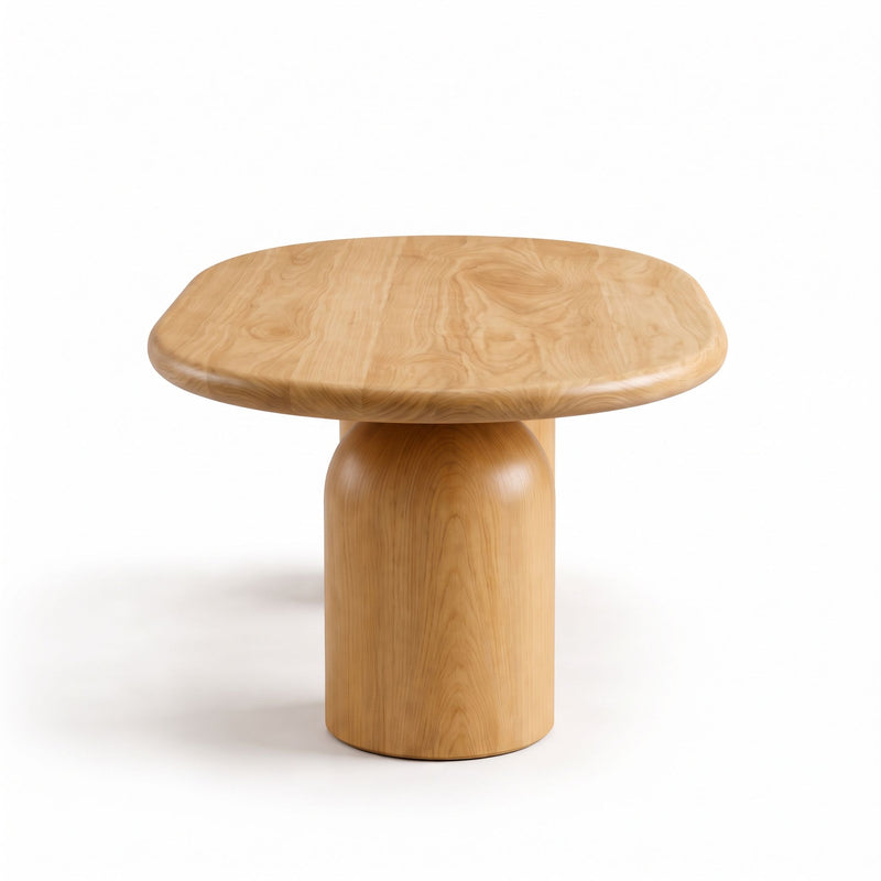 Side view of Solen Oval Coffee Table – Beech Wood Modern Sculptural Design showcasing its thick cylindrical pedestal leg and rounded edge.