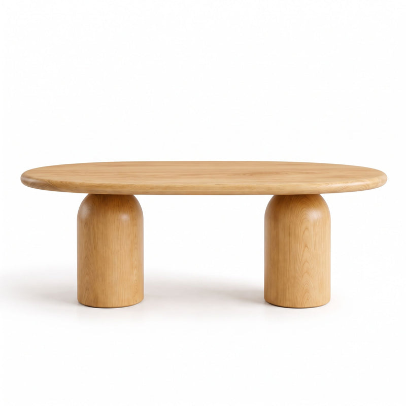 Solen Oval Coffee Table – Beech Wood Modern Sculptural Design
featuring a sculptural double pedestal base with two thick cylindrical legs.