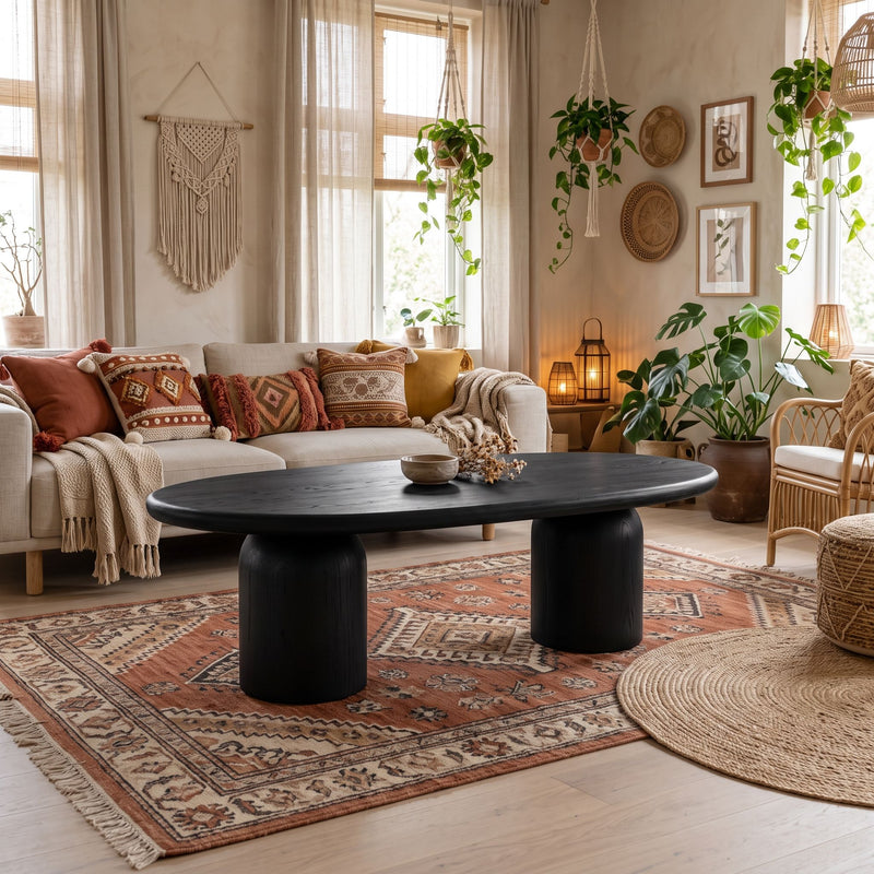 The Solen Oval Coffee Table – Beech Wood Modern Sculptural Design in a black finish styled in a warm, bohemian living room.
