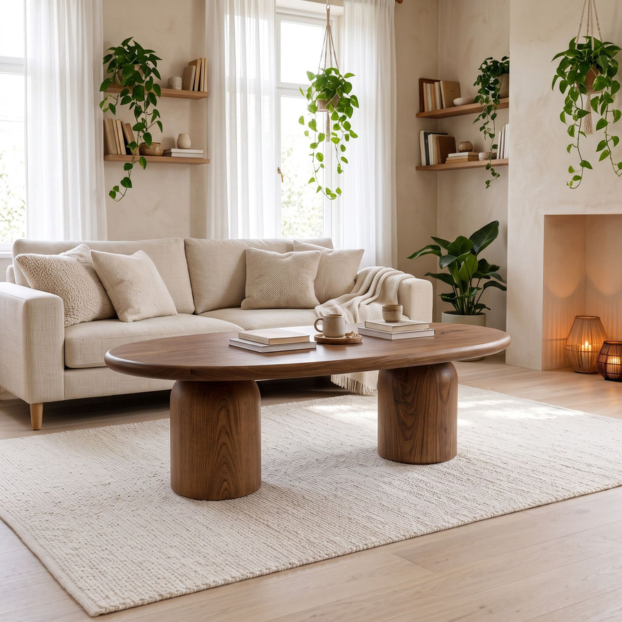 The Solen Oval Coffee Table – Beech Wood Modern Sculptural Design in a walnut finish styled in a warm, organic modern living room.