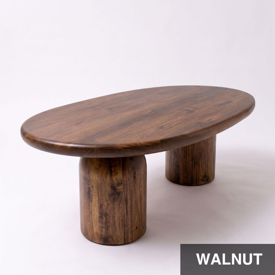 High-angle view of the Solen Oval Solid Wood Coffee Table – Oak & Walnut Sculptural Double Pedestal Design