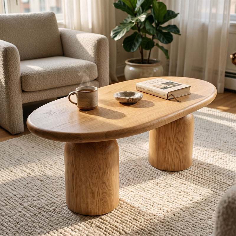 The Solen Oval Solid Wood Coffee Table – Oak & Walnut Sculptural Double Pedestal Design in a natural oak finish styled in a sunlit living room setup.