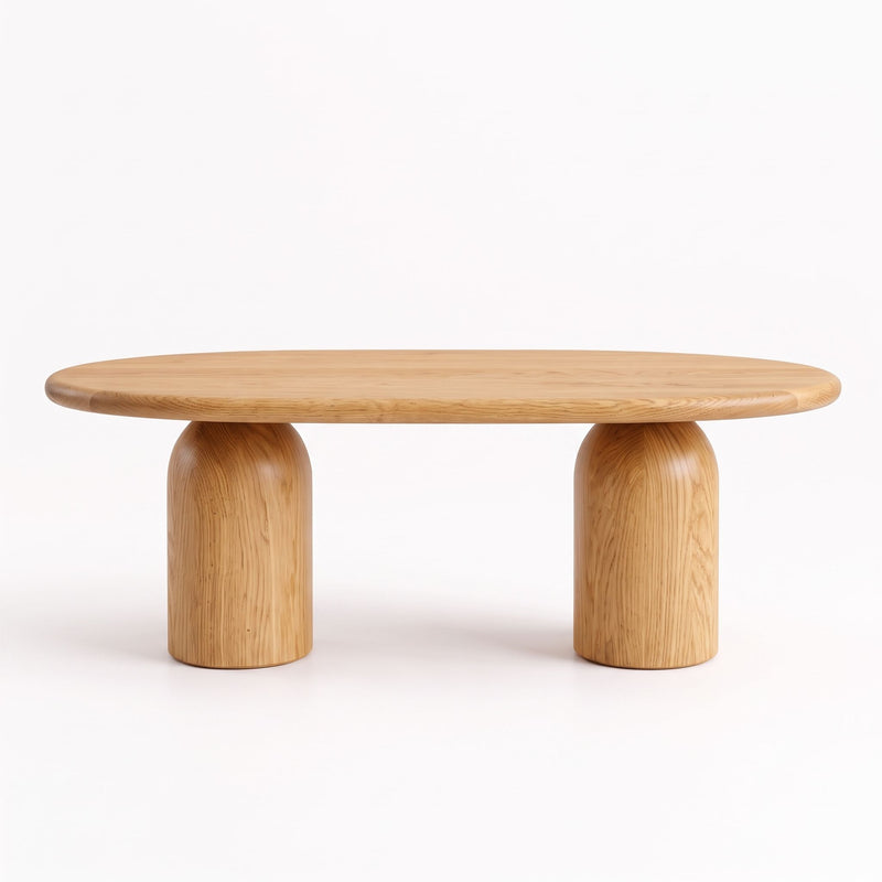 Front view of the Solen Oval Solid Wood Coffee Table – Oak & Walnut Sculptural Double Pedestal Design