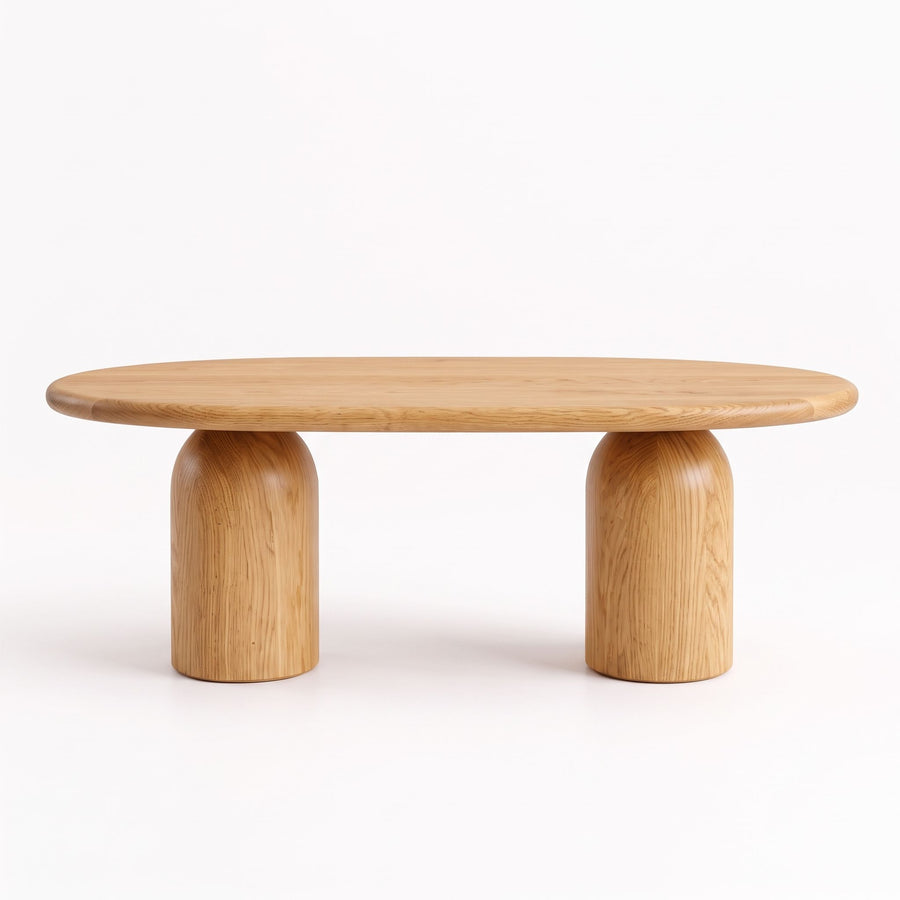 Front view of the Solen Oval Solid Wood Coffee Table – Oak & Walnut Sculptural Double Pedestal Design