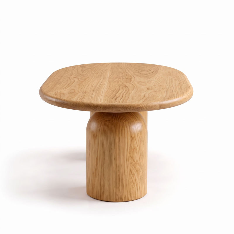 Side view of the Solen Oval Solid Wood Coffee Table – Oak & Walnut Sculptural Double Pedestal Design