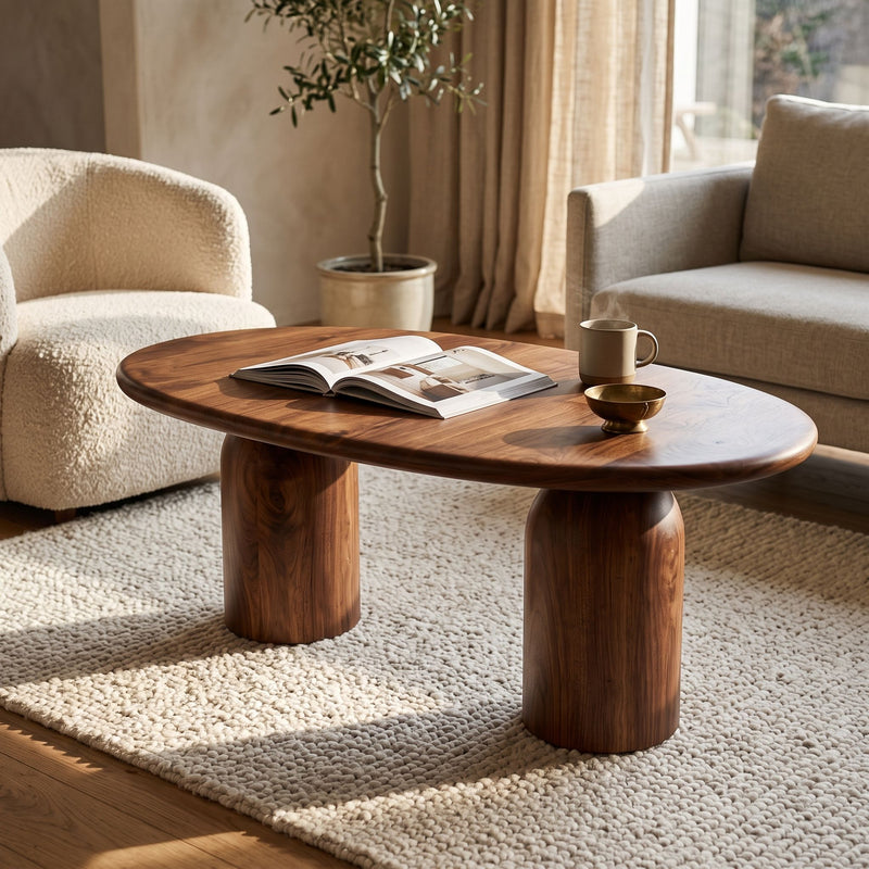 The Solen Oval Solid Wood Coffee Table – Oak & Walnut Sculptural Double Pedestal Design in a walnut finish styled in an organic modern living room.