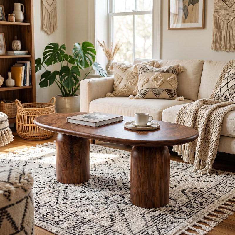 The Solen Oval Solid Wood Coffee Table – Oak & Walnut Sculptural Double Pedestal Design in a walnut finish styled in a bohemian living room layout.