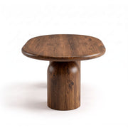 Side view of the Solen Oval Solid Wood Coffee Table – Oak & Walnut Sculptural Double Pedestal Design in a rich walnut finish.