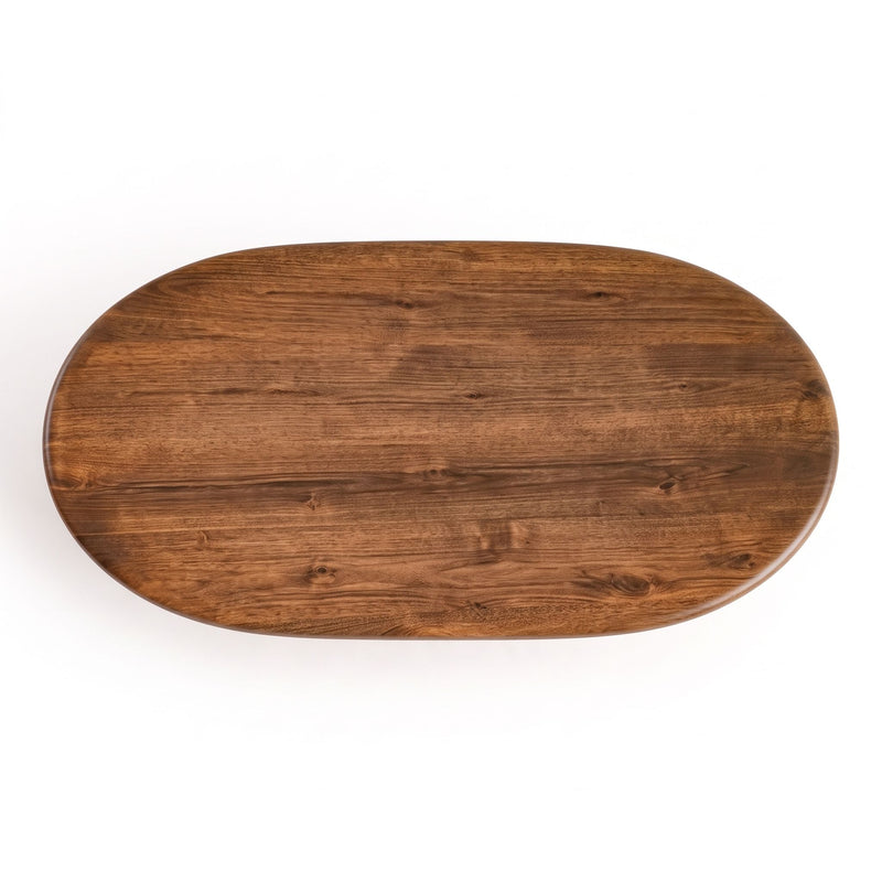 Top-down overhead view of the Solen Oval Solid Wood Coffee Table – Oak & Walnut Sculptural Double Pedestal Design in a rich walnut finish.