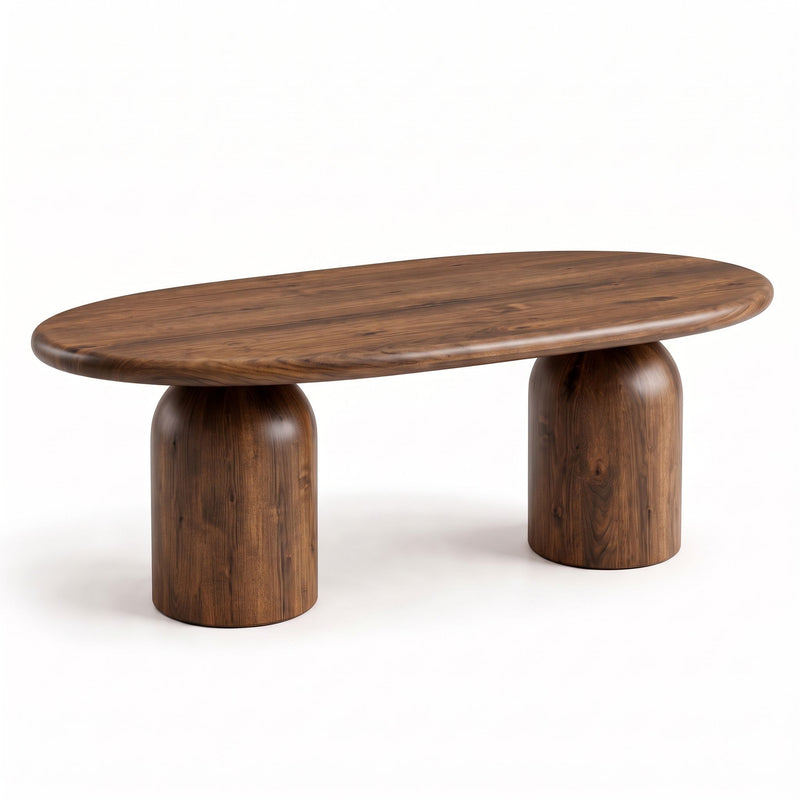 Three-quarter view of the Solen Oval Solid Wood Coffee Table – Oak & Walnut Sculptural Double Pedestal Design in a walnut finish.