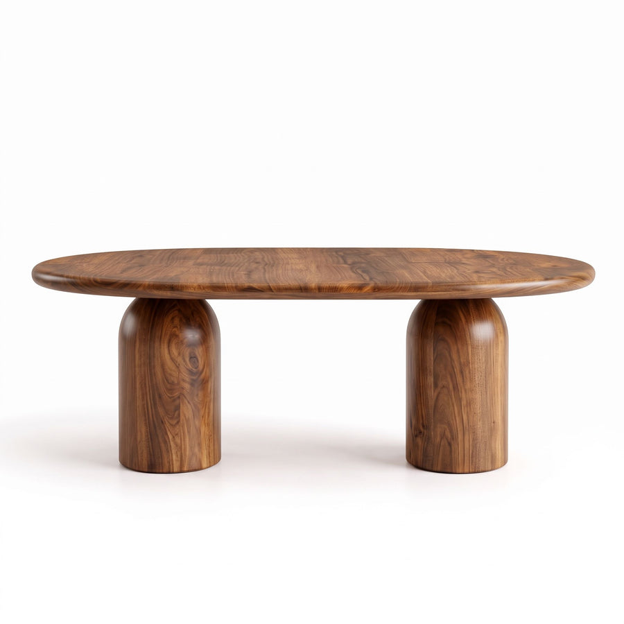 Front view of the Solen Oval Solid Wood Coffee Table – Oak & Walnut Sculptural Double Pedestal Design in a rich walnut finish.