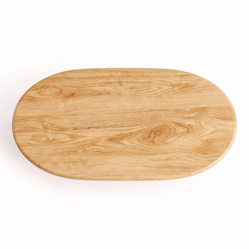 Top-down overhead view of the Solen Oval Solid Wood Coffee Table – Oak & Walnut Sculptural Double Pedestal Design showcasing its natural wood grain pattern.