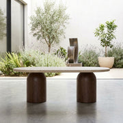 Solen Oval Travertine Coffee Table with Walnut Wood Base - Sculptural Organic Modern Design Straight-On View by Tomruque