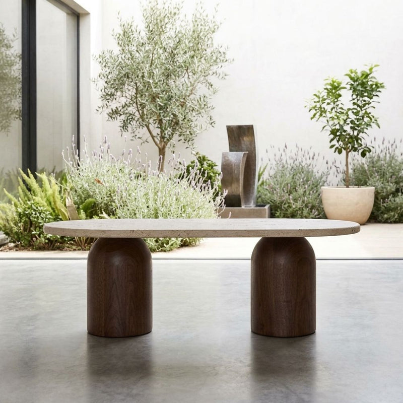 Solen Oval Travertine Coffee Table with Walnut Wood Base - Sculptural Organic Modern Design Straight-On View by Tomruque