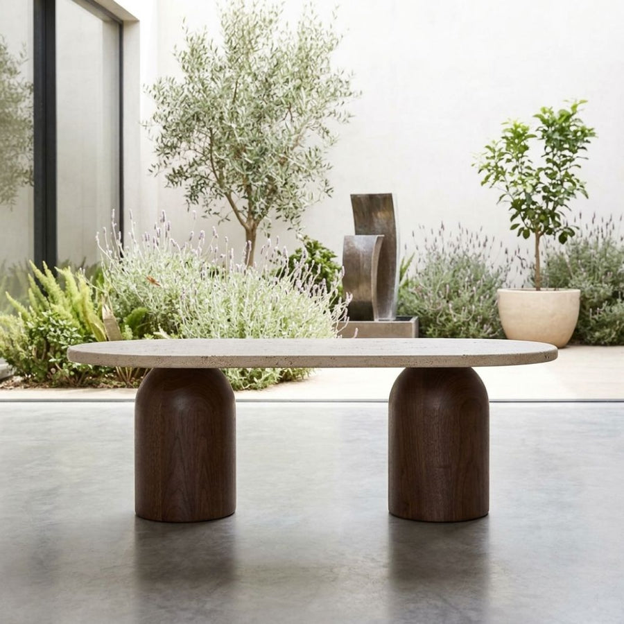 Solen Oval Travertine Coffee Table with Walnut Wood Base - Sculptural Organic Modern Design Straight-On View by Tomruque