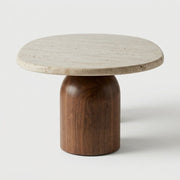 Side Profile Studio View of Solen Oval Travertine Coffee Table with Walnut Wood Base - Sculptural Organic Modern Design by Tomruque