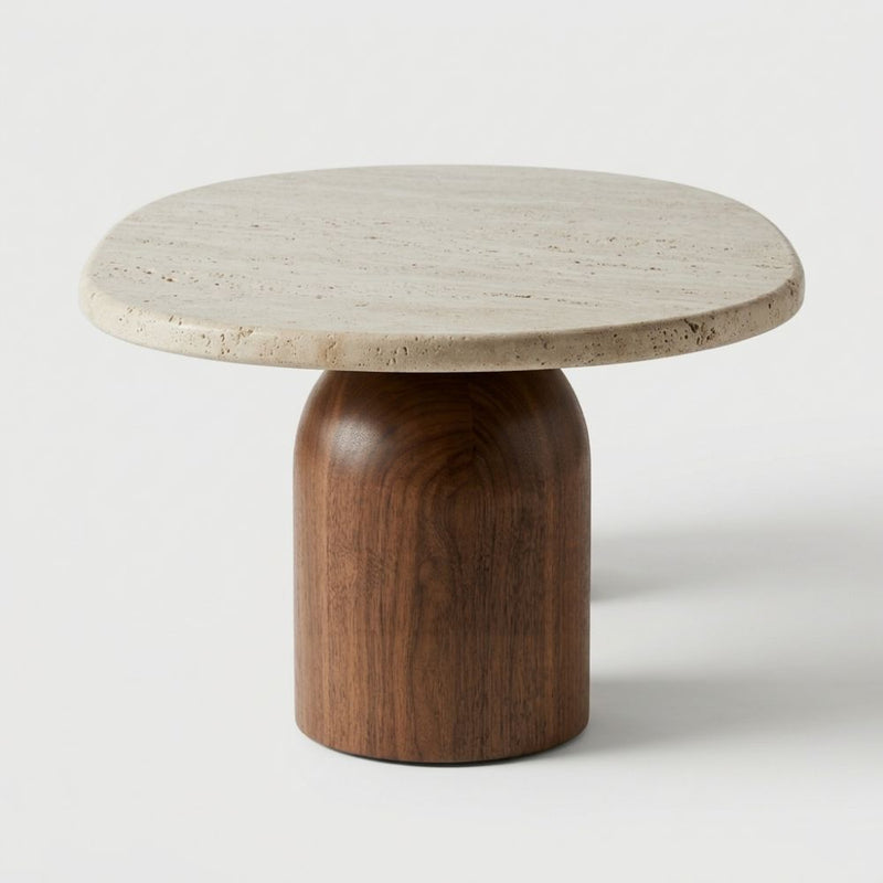 Side Profile Studio View of Solen Oval Travertine Coffee Table with Walnut Wood Base - Sculptural Organic Modern Design by Tomruque