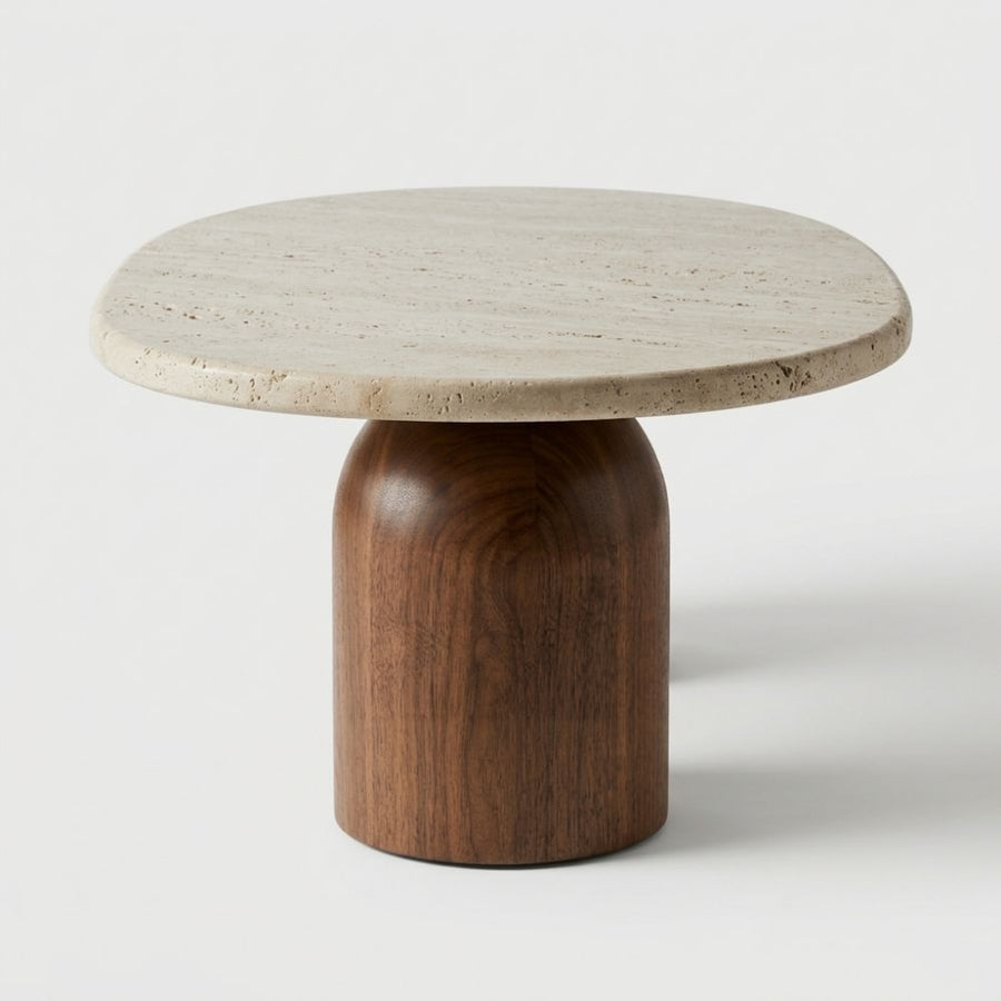 Side Profile Studio View of Solen Oval Travertine Coffee Table with Walnut Wood Base - Sculptural Organic Modern Design by Tomruque