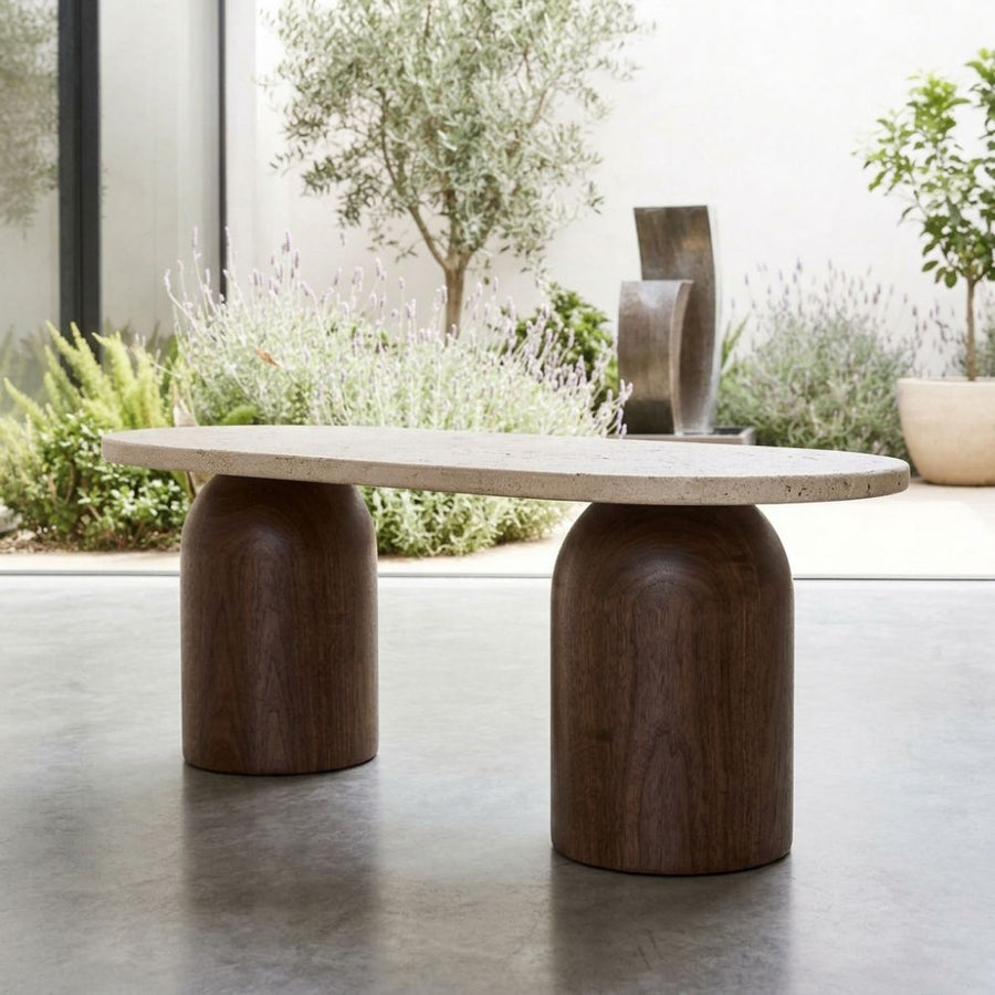 Solen Oval Travertine Coffee Table with Walnut Wood Base - Sculptural Organic Modern Design Styled in a Modern Patio Living Space by Tomruque