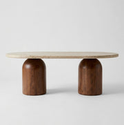 Solen Oval Travertine Coffee Table with Walnut Wood Base - Sculptural Organic Modern Design Straight-On Studio View by Tomruque