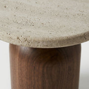 High-Angle Macro Close-Up of Travertine Stone Top Surface and Walnut Base on Solen Oval Coffee Table - Sculptural Organic Modern Design by Tomruque