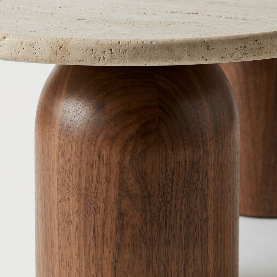 Macro Close-Up of Solid Walnut Dome Base and Travertine Stone Edge on Solen Oval Coffee Table - Sculptural Organic Modern Design by Tomruque