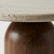 Macro Close-Up of Travertine Stone Edge and Walnut Dome Base on Solen Oval Coffee Table - Sculptural Organic Modern Design by Tomruque