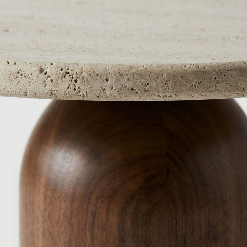 Macro Close-Up of Travertine Stone Edge and Walnut Dome Base on Solen Oval Coffee Table - Sculptural Organic Modern Design by Tomruque