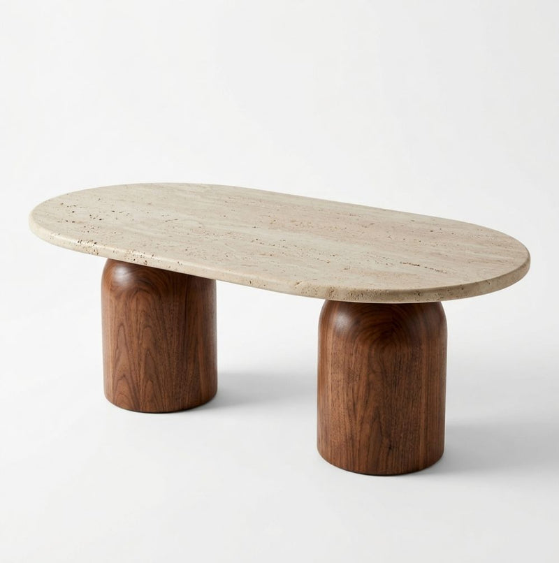 Solen Oval Travertine Coffee Table with Walnut Wood Base - Sculptural Organic Modern Design Studio View by Tomruque