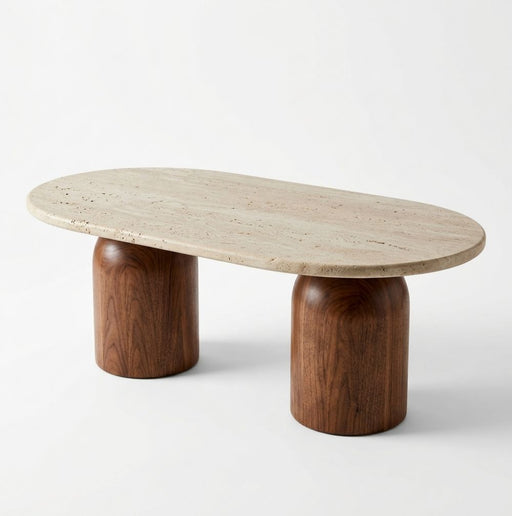 Solen Oval Travertine Coffee Table with Walnut Wood Base - Sculptural Organic Modern Design Studio View by Tomruque
