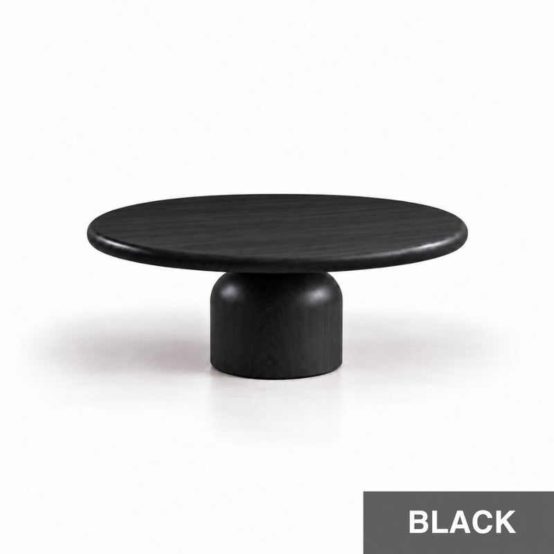 Solen Round Solid Beech Wood Coffee Table with Sculptural Pedestal Base in Black Stain Finish
