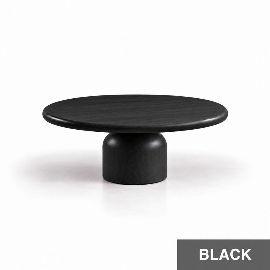 Solen Round Solid Beech Wood Coffee Table with Sculptural Pedestal Base in Black Stain Finish