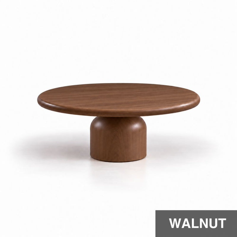 Solen Round Solid Beech Wood Coffee Table with Sculptural Pedestal Base in Walnut Finish
