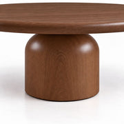 Close-Up of Sculptural Cylindrical Pedestal Base on Solen Round Solid Beech Wood Coffee Table in Walnut Finish by Tomruque