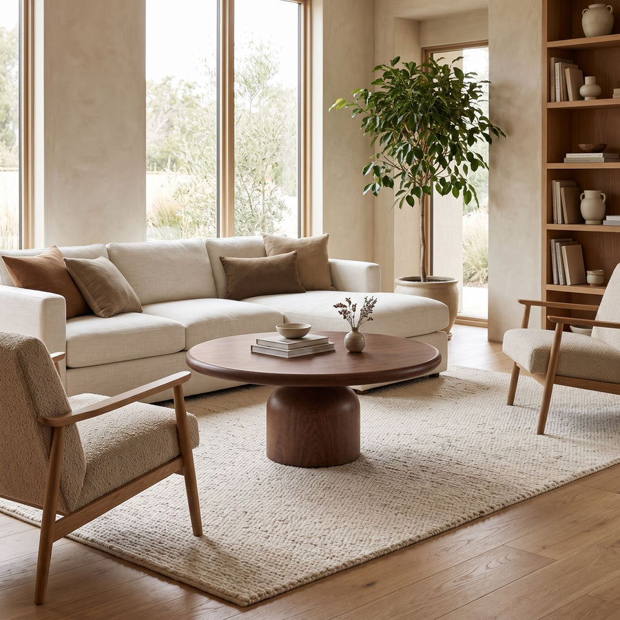 Solen Round Solid Beech Wood Coffee Table in Walnut Finish Styled with Sectional Sofa and Armchairs in a Japandi Living Room