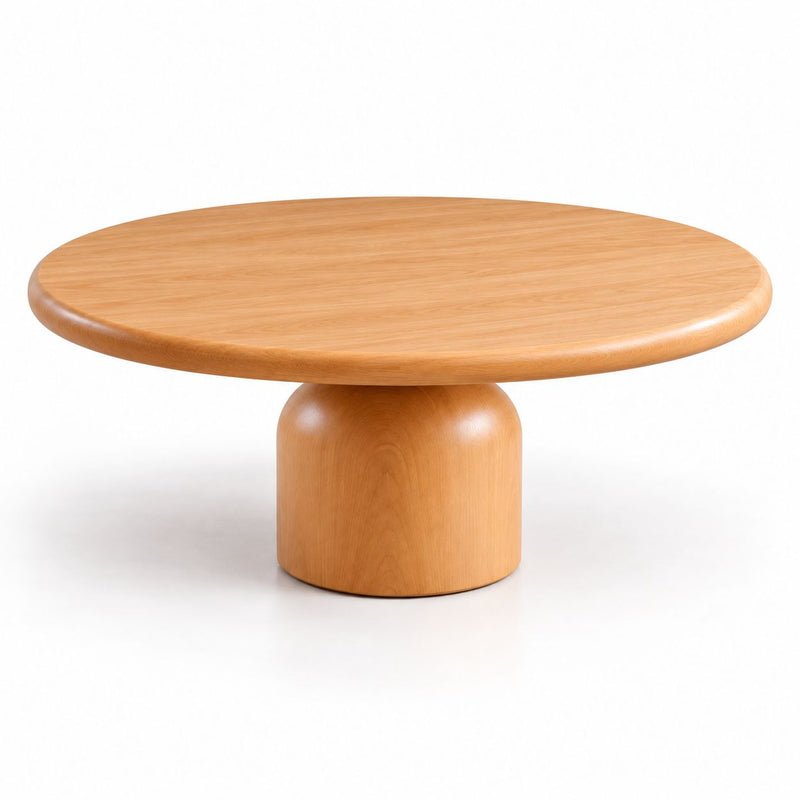 Solen Round Solid Beech Wood Coffee Table in Natural Finish - Organic Modern Sculptural Pedestal Design by Tomruque