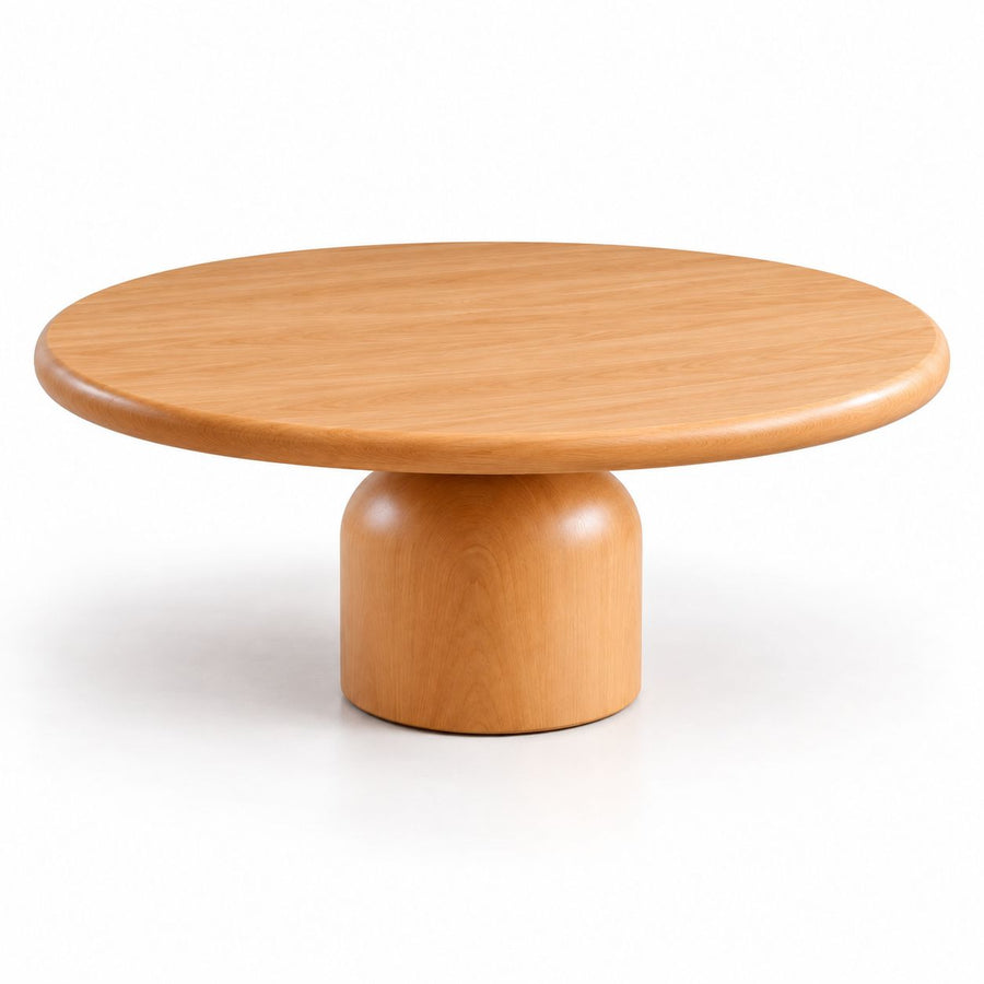 Solen Round Solid Beech Wood Coffee Table in Natural Finish - Organic Modern Sculptural Pedestal Design by Tomruque