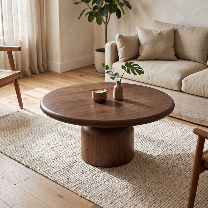 Solen Round Solid Beech Wood Pedestal Coffee Table Walnut - Organic Modern Living Room Setup
