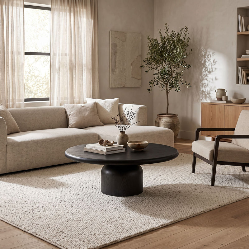 Solen Round Solid Beech Wood Coffee Table in Black Finish Styled with Books and Decorative Vase in a Japandi Living Room