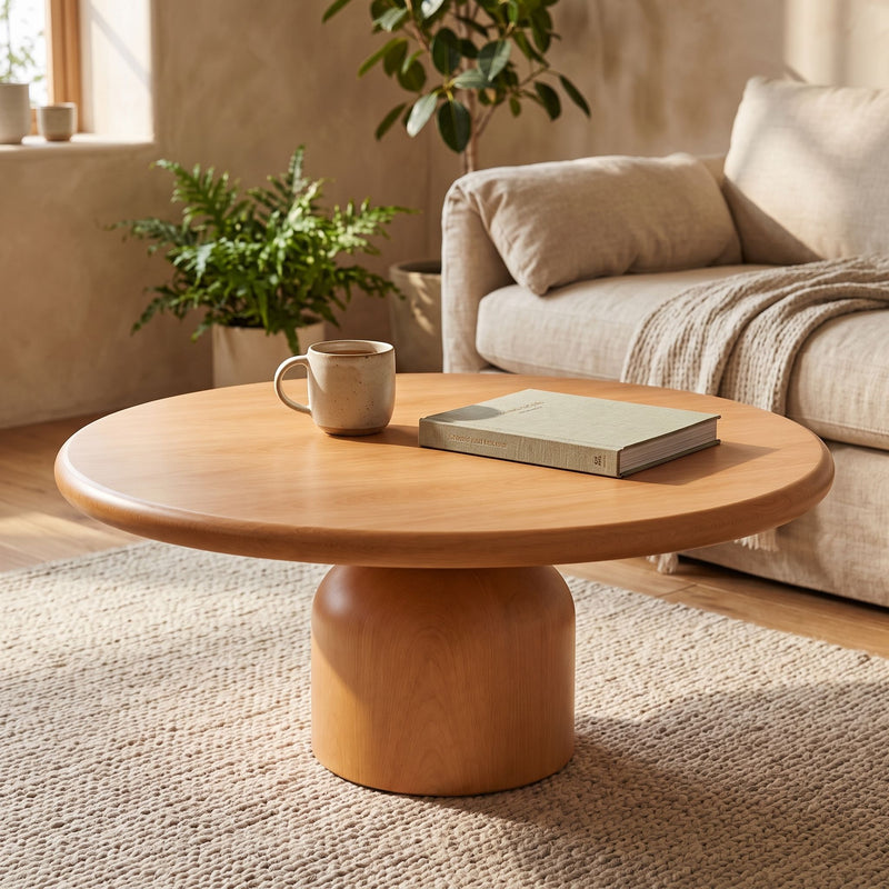 Solen Round Solid Beech Wood Coffee Table in Natural Finish Styled with Book and Ceramic Mug in a Cozy Japandi Living Room