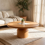 Solen Round Solid Beech Wood Coffee Table in Natural Finish Styled with Japandi and Minimalist Living Room Decor