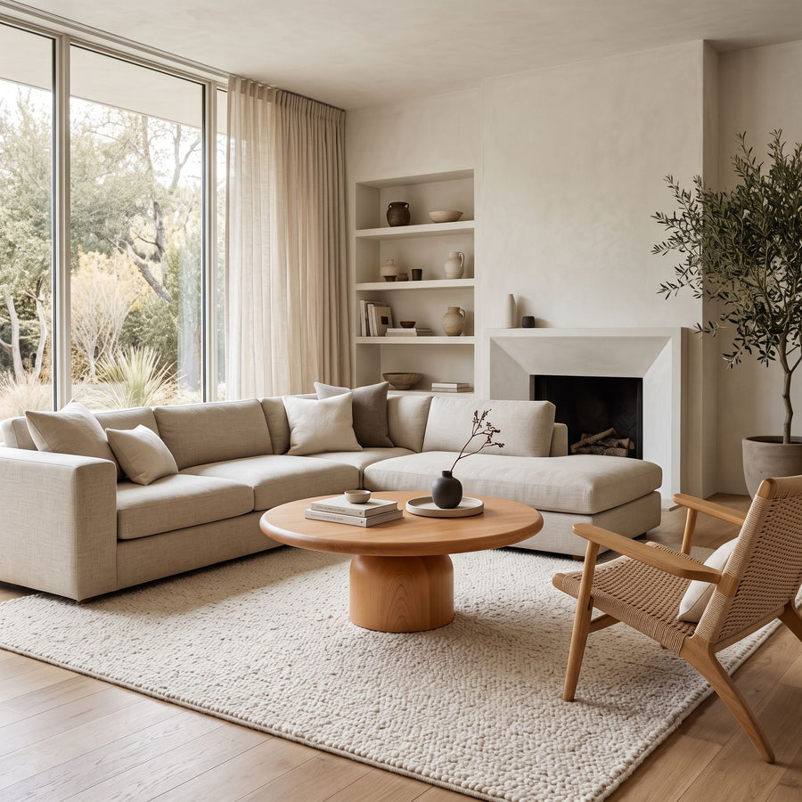 Solen Round Solid Beech Wood Coffee Table in Natural Finish Styled with Sectional Sofa and Woven Armchair in a Japandi Living Room