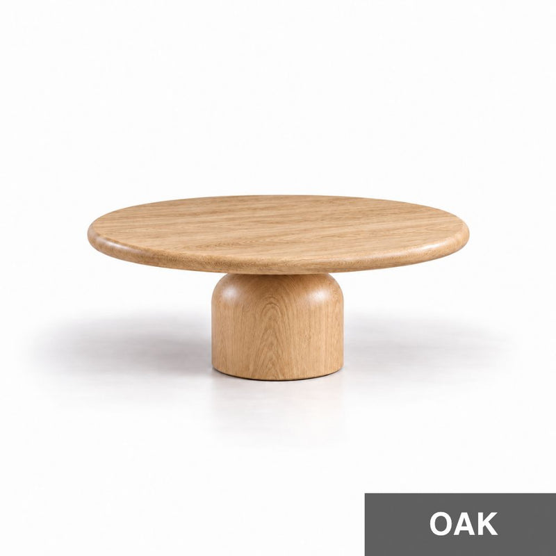 Solen Round Solid Oak Coffee Table in Natural Oak Finish - Sculptural Drum Pedestal Design by Tomruque