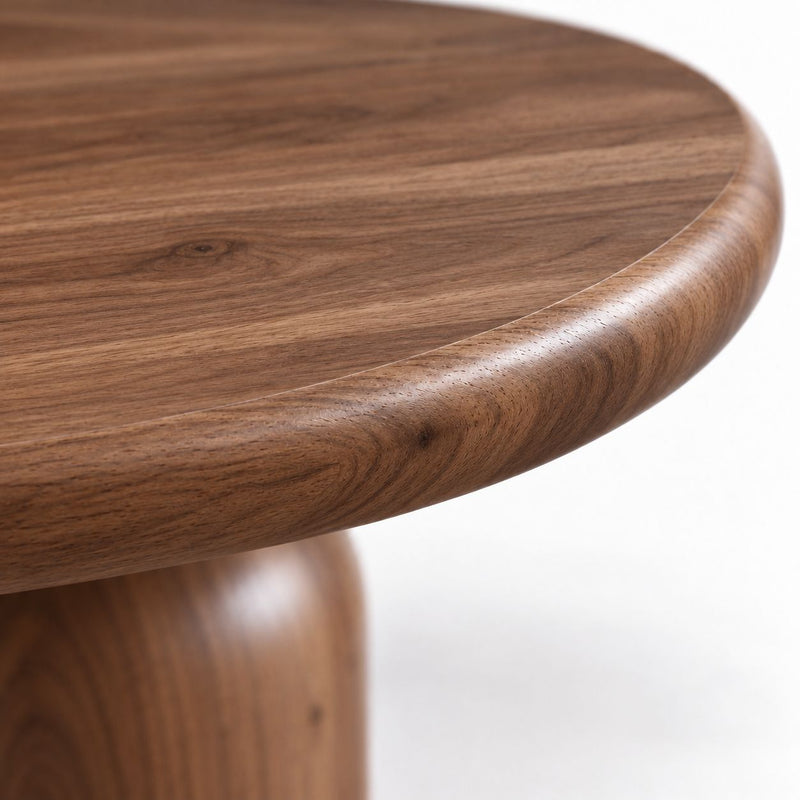 Close-Up of Natural Walnut Wood Grain and Rounded Edge on Solen Round Solid Walnut Coffee Table by Tomruque