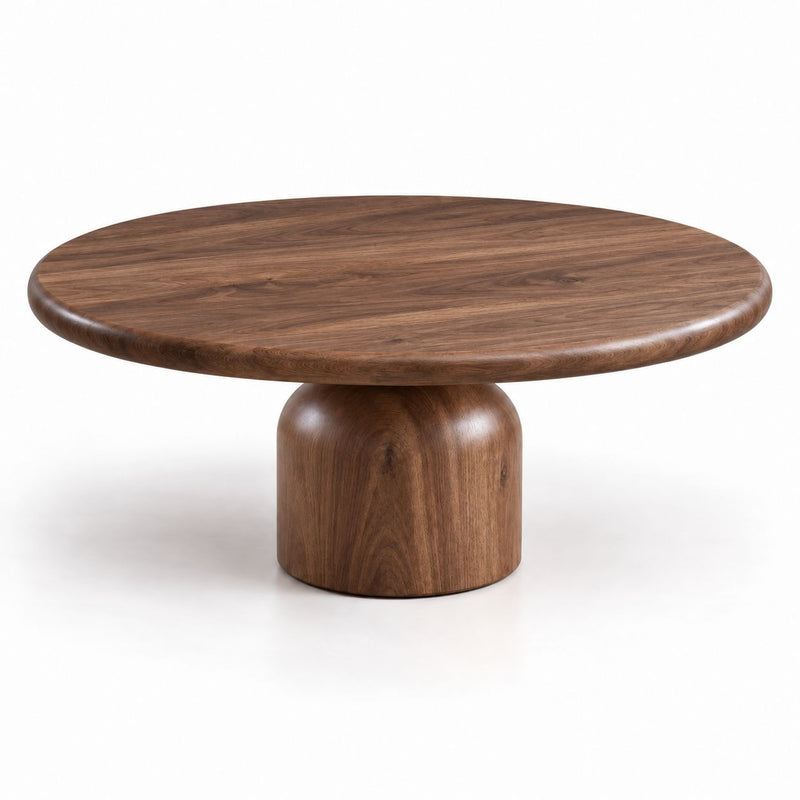 Solen Round Solid Walnut Coffee Table - Organic Modern Sculptural Pedestal Living Room Table